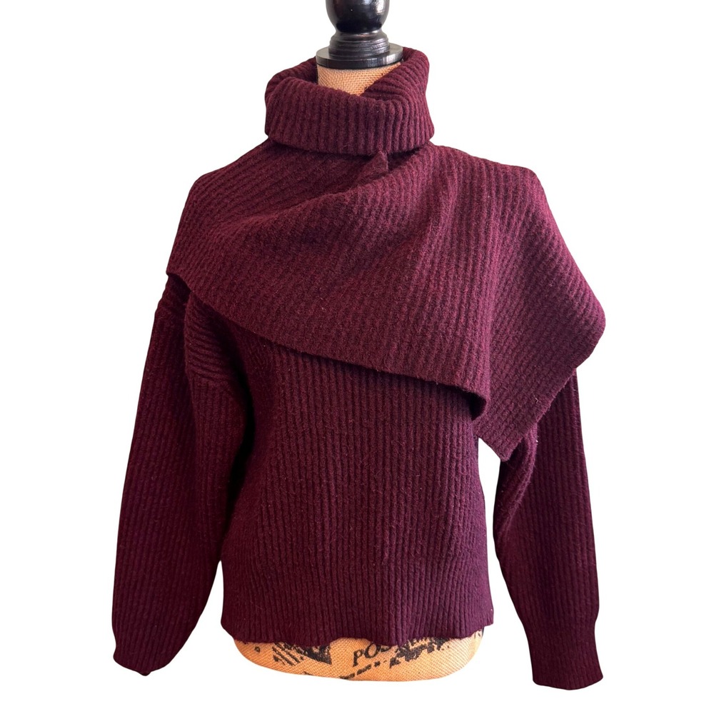 Thakoon Collective Asymmetric Drape Wool Turtleneck‎ Sweater Burgundy Medium
